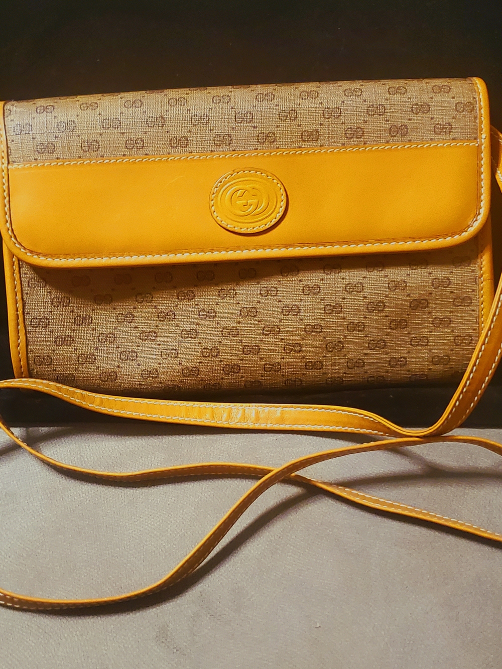 Gucci Authentic Yellow GG Canvas &tan Leather Crossbody Bag Womens